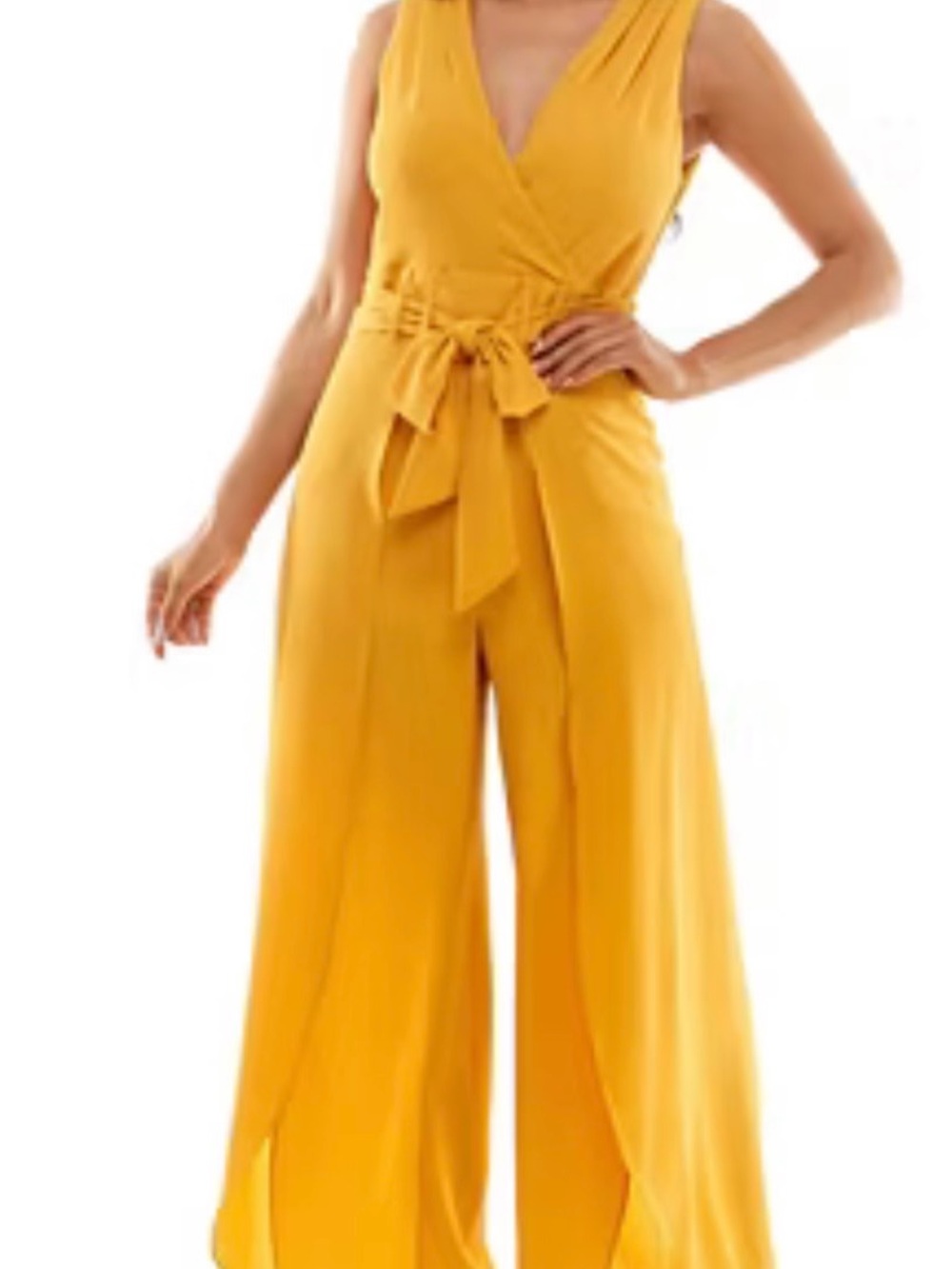 Premier Sleeveless Wrap Wide-Leg Jumpsuit in Mustard Yellow